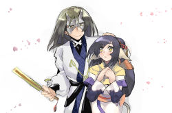 Rule 34 | 1boy, 1girl, ainu clothes, animal ears, aquaplus, arms up, black hair, blush, brown eyes, brown hair, cherry blossoms, closed mouth, dress, gradient eyes, hair ornament, haku (utawarerumono), hand fan, hand on another&#039;s head, height difference, highres, holding, holding fan, holding weapon, kuon (utawarerumono), layered sleeves, long hair, long sleeves, looking at another, mask, micon hnhn, multicolored eyes, open mouth, petals, ponytail, raised eyebrows, sash, scarf, sidelocks, smile, swept bangs, tail, utawarerumono, utawarerumono: futari no hakuoro, utawarerumono: itsuwari no kamen, weapon, wide sleeves, yellow eyes, yellow scarf