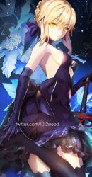 Rule 34 | 1girl, artoria pendragon (all), artoria pendragon (fate), astarone, black thighhighs, blonde hair, breasts, choker, clematis (flower), clothing cutout, elbow gloves, excalibur morgan (fate), fate/stay night, fate (series), female focus, flower, from side, gloves, navel cutout, saber (fate), saber alter, short hair, sideboob, skirt, solo, standing, thighhighs, thighs, watermark, web address, yellow eyes
