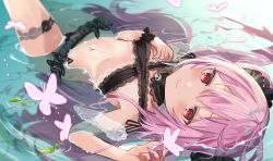 Rule 34 | 1girl, armpits, bare shoulders, bikini, blurry, bridal garter, bug, butterfly, depth of field, flat chest, frilled bikini, frills, hair between eyes, hair ornament, hand up, highres, hololive, insect, knee up, long hair, looking at viewer, lying, navel, on back, pink hair, red eyes, satoupote, scrunchie, smile, solo, stomach, swimsuit, thighs, two side up, uruha rushia, uruha rushia (3rd costume), very long hair, virtual youtuber, water, wrist scrunchie