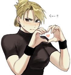 Rule 34 | 1girl, black shirt, blonde hair, blush, breasts, brown eyes, clenched teeth, earrings, embarrassed, folded ponytail, fullmetal alchemist, hands up, heart, heart hands, highres, jewelry, large breasts, lipstick, looking at viewer, makeup, nose blush, ozaki (tsukiko3), riza hawkeye, shirt, short sleeves, sideways glance, simple background, solo, stud earrings, teeth, tight clothes, tight clothes, tight shirt, turtleneck, updo, upper body, white background, wristband