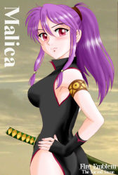 Rule 34 | 1girl, armband, ass, blush, character name, copyright name, female focus, fingerless gloves, fire emblem, fire emblem: the sacred stones, gloves, hand on own hip, hip focus, hissaa (starlight express), katana, marisa (fire emblem), nintendo, pink eyes, ponytail, purple hair, red eyes, serious, side slit, solo, sword, weapon