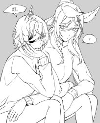 Rule 34 | 2girls, ?, animal ears, breasts, closed mouth, earrings, elbow rest, eyepatch, feet out of frame, greyscale, horse ears, iner (shakur mom), jewelry, korean text, light blush, long hair, long sleeves, looking at another, looking at viewer, monochrome, multiple girls, parted lips, ponytail, shirt, short hair, shorts, single earring, sitting, small breasts, speech bubble, spoken question mark, symboli kris s (umamusume), tanino gimlet (umamusume), translation request, umamusume