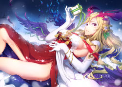 Rule 34 | 10s, 1girl, blonde hair, box, breasts, dress, elbow gloves, feathered wings, flower, gift, gift box, gloves, hair flower, hair ornament, highres, holding, holding box, kamome yuu, large breasts, long hair, looking at viewer, lying, monster strike, on back, outdoors, purple wings, red dress, red eyes, sideboob, sleeveless, sleeveless dress, snow, snowing, solo, strapless, strapless dress, very long hair, white gloves, wings, yellow flower