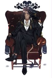 Rule 34 | 1boy, ahoge, animal ears, armchair, black footwear, black gloves, black hat, black jacket, black pants, bracelet, braid, brown hair, buttons, chair, collared shirt, commentary, crossed legs, dark-skinned male, dark skin, dress shirt, epaulettes, formal, full body, gloves, green eyes, hair between eyes, half gloves, hand up, hat, highres, holding, holding clothes, holding hat, jacket, jewelry, lapels, leona kingscholar, lion boy, lion ears, lion tail, long hair, long sleeves, looking at viewer, male focus, necklace, on chair, pants, parted bangs, parted lips, roas01b, shirt, shoes, side braids, sidelocks, simple background, sitting, solo, symbol-only commentary, tail, twin braids, twisted wonderland, unworn hat, unworn headwear, white background, white shirt, wing collar