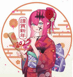 Rule 34 | 1girl, baobhan sith (fate), breasts, calligraphy brush, fate/grand order, fate (series), flower, grey eyes, hagoita, hair bun, hair flower, hair ornament, highres, holding, holding paddle, japanese clothes, kimono, long hair, long sleeves, looking at viewer, medium breasts, obi, open mouth, paddle, paintbrush, pink hair, pointy ears, red kimono, sash, sidelocks, single hair bun, smile, solo, translation request, ura illust, wide sleeves