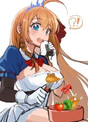 Rule 34 | !?, 1girl, ahoge, blush, bow, braid, breasts, broccoli, chicken leg, clevatess: majuu no ou to akago to shikabane no yuusha, crumbs, dress, eating, food, food on face, fork, gloves, hair behind ear, holding, holding food, holding fork, large breasts, looking at viewer, onigiri, onikutabeta i, open mouth, pecorine (princess connect!), princess connect!, red bow, shrug (clothing), side braid, sitting, sketch, solo, speech bubble, surprised, tiara, white background, white dress, white gloves
