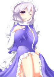 Rule 34 | 1girl, bad id, bad pixiv id, blue eyes, breasts, crossed legs, hair between eyes, hair in own mouth, hand on own chest, hand on own knee, highres, large breasts, letty whiterock, light purple hair, long sleeves, looking at viewer, one eye closed, parted lips, puffy long sleeves, puffy sleeves, shiro oolong-cha, shirt, short hair, sitting, solo, thighs, touhou, white shirt, yuki onna