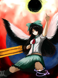 Rule 34 | 1girl, arm cannon, arm up, bad id, bad pixiv id, black hair, black wings, blush, bow, brooch, female focus, gem, green bow, green skirt, hair bow, jewelry, looking at viewer, maetaka, pointing, pointing up, puffy short sleeves, puffy sleeves, red eyes, reiuji utsuho, short sleeves, skirt, smile, solo, thighhighs, third eye, touhou, weapon, wings