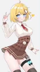 Rule 34 | 1girl, absurdres, ahoge, blonde hair, blue eyes, breasts, closed mouth, collared shirt, contrapposto, cowboy shot, dress, hair ornament, heart, high-waist skirt, highres, hololive, hololive english, holster, large breasts, long sleeves, looking at viewer, magui3, medium hair, miniskirt, necktie, plaid, plaid skirt, pleated skirt, pocket watch, shirt, short dress, simple background, skindentation, skirt, smile, solo, spoken heart, swept bangs, syringe, thigh holster, thigh strap, thighhighs, v, virtual youtuber, watch, watson amelia