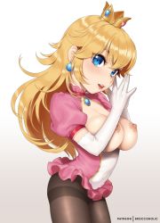 Rule 34 | 1girl, artist name, black pantyhose, blonde hair, blue eyes, breastless clothes, breasts, breasts out, brooch, cleavage, cowboy shot, crown, dress, earrings, elbow gloves, gloves, gradient background, jewelry, large breasts, long hair, looking at viewer, mario (series), mm (artist), nintendo, nipples, open mouth, pantyhose, parted lips, patreon, princess peach, puffy short sleeves, puffy sleeves, revealing clothes, short sleeves, simple background, smile, solo, sphere earrings, standing, super mario bros. 1, tagme, teeth, thighband pantyhose, upper teeth only, white gloves