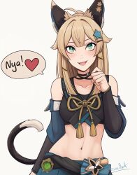 Rule 34 | 1girl, ahoge, animal ears, bare shoulders, black choker, blonde hair, brown tank top, cat ears, cat girl, cat tail, choker, collared vest, crop top, desm0nt, genshin impact, green eyes, hair ornament, hairclip, hand up, highres, kirara (cat) (genshin impact), kirara (genshin impact), long hair, looking at viewer, midriff, navel, paw pose, smile, solo, standing, stomach, tail, tank top, vest
