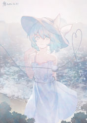 Rule 34 | 1girl, alternate costume, bare shoulders, beach, black hat, bow, bright pupils, chinese commentary, closed mouth, collarbone, commentary, dated, dress, feet out of frame, furahata gen, green eyes, green hair, hair between eyes, hand up, hat, hat bow, heart, heart-shaped pupils, heart of string, highres, komeiji koishi, looking at viewer, medium hair, ocean, sand, signature, smile, solo, spaghetti strap, sun hat, sundress, symbol-shaped pupils, third eye, touhou, water, white dress, white pupils, yellow bow