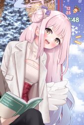 Rule 34 | 1boy, 1girl, alternate costume, blue archive, blush, book, breasts, cleavage, coat, hair bun, halo, head tilt, highres, holding, holding book, ine (ineinnen), long hair, looking at another, medium breasts, meme attire, mika (blue archive), open-chest sweater, outdoors, pink hair, red skirt, revision, ribbed sweater, single side bun, skirt, smile, solo focus, sweater, sweater tucked in, teeth, upper teeth only, very long hair, white coat, white sweater, yellow eyes