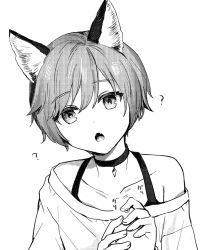 Rule 34 | 1boy, :o, ?, androgynous, animal ear fluff, animal ears, bare shoulders, cat boy, cat ears, choker, collar, collarbone, fang, fangs, fox boy, fox ears, greyscale, hair between eyes, head tilt, highres, long sleeves, looking at viewer, male focus, monochrome, off-shoulder shirt, off shoulder, open mouth, original, pov, pov hands, shirt, short hair, simple background, solo, solo focus, sunaba (nczd5875), trap, upper body, white background