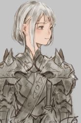 Rule 34 | 1girl, armor, bad id, bad twitter id, breastplate, brown eyes, closed mouth, grey background, grey hair, highres, looking to the side, original, pauldrons, reido (reido c), short hair, shoulder armor, simple background, sketch, solo, upper body