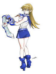 Rule 34 | 1girl, 203wolves, ankle boots, artist name, bare shoulders, belt, blue footwear, blue gloves, blue skirt, boots, breasts, card, closed mouth, duel academy uniform (yu-gi-oh! gx), duel disk, fingerless gloves, from behind, full body, gloves, high heel boots, high heels, highres, holding, long hair, looking at viewer, looking back, medium breasts, miniskirt, sailor collar, signature, simple background, skirt, sleeveless, tenjouin asuka, yellow eyes, yu-gi-oh!, yu-gi-oh! gx