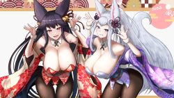Rule 34 | 2023, 2girls, animal ears, bell, black hair, blue eyes, blush, breasts, brown pantyhose, chinese zodiac, cleavage, detached collar, fang, floral print, fox ears, fox girl, fox tail, furisode, gollizo, granblue fantasy, grey hair, grin, hair bell, hair ornament, highres, huge breasts, japanese clothes, jingle bell, kimono, leaning forward, leotard, multiple girls, open mouth, pantyhose, pink eyes, ponytail, rabbit pose, red leotard, short kimono, skin fang, smile, societte (granblue fantasy), tail, thigh gap, white leotard, wide sleeves, year of the rabbit, yuel (granblue fantasy)