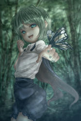 Rule 34 | 1girl, :d, antennae, arm up, bug, butterfly, butterfly on hand, cape, curled fingers, flat chest, forest, green eyes, green hair, green nails, head tilt, highres, bug, light particles, long sleeves, looking at viewer, nail polish, nature, open mouth, outdoors, outstretched hand, shirt, short hair, shorts, shounen (hogehoge), smile, solo, touhou, white shirt, wriggle nightbug