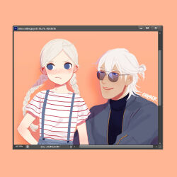 Rule 34 | 1boy, 1girl, age regression, aged down, blue eyes, braid, father and daughter, fire emblem, fire emblem fates, looking to the side, low twin braids, niles (fire emblem), nina (fire emblem), nintendo, ohprcr, parted bangs, sunglasses, twin braids, white hair