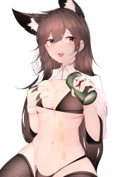 Rule 34 | 1girl, absurdres, alcohol, animal ear fluff, animal ears, atago (azur lane), atago (stunning speedster) (azur lane), azur lane, beer, beer can, bikini, black hair, black thighhighs, breasts, brown eyes, can, cleavage, commentary, cowboy shot, dog ears, drink can, extra ears, facing viewer, fishnet thighhighs, fishnets, hair ribbon, highres, large breasts, logo, long hair, mole, mole under eye, official alternate costume, pouring, pouring onto self, race queen, ribbon, samip, shrug (clothing), sideways glance, simple background, solo, swept bangs, swimsuit, thigh gap, thighhighs, two-tone bikini, white background, wrist cuffs