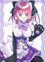 Rule 34 | 1girl, :3, :d, absurdres, animal ears, animal hands, apron, black gloves, black ribbon, black thighhighs, blue eyes, blunt bangs, blush, bow, bowtie, breasts, butterfly hair ornament, cat ears, cat paws, dress, elbow gloves, frilled apron, frilled dress, frills, gloves, go-toubun no hanayome, hair ornament, highres, lace, large breasts, looking at viewer, maid headdress, nakano nino, open mouth, pink hair, purple bow, purple bowtie, purple dress, ribbon, rinne (mizunosato), shirt, simple background, sleeveless, smile, thighhighs, twintails, white shirt