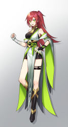 Rule 34 | 1girl, :d, bandaged arm, bandages, bare shoulders, black footwear, black gloves, boots, breasts, bridal gauntlets, contrapposto, gloves, gradient background, green eyes, grey background, hair between eyes, hair ornament, hairclip, kangetsu (fhalei), leg belt, looking at viewer, medium breasts, off shoulder, one side up, open mouth, original, red hair, smile, solo, standing