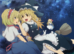 Rule 34 | 2girls, alice margatroid, aoi (annbi), blonde hair, broom, broom riding, capelet, female focus, hand on another&#039;s cheek, hand on another&#039;s face, hat, kirisame marisa, multiple girls, night, shanghai doll, touhou, witch hat
