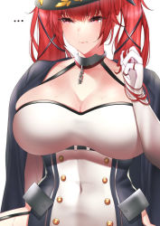 Rule 34 | ..., 1girl, azur lane, black jacket, blush, breasts, buttons, cleavage, collar, double-breasted, dress, gloves, hat, honolulu (azur lane), huge breasts, jacket, jacket on shoulders, long hair, metal collar, miyuki (9029009), peaked cap, red eyes, red hair, simple background, solo, taut clothes, taut dress, twintails, white background, white gloves