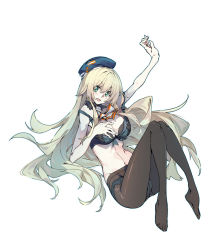Rule 34 | 10s, 1girl, arm up, atago (kancolle), bare shoulders, beret, black pantyhose, blonde hair, bra, breasts, crotch seam, full body, green eyes, green panties, guratan, hair between eyes, hat, kantai collection, large breasts, long hair, looking at viewer, open mouth, panties, panties under pantyhose, pantyhose, simple background, smile, solo, underwear, very long hair, white background