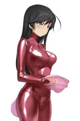 Rule 34 | 10s, 1girl, a1 (initial-g), ahoge, anglerfish costume, blue eyes, blush, bodysuit, bra, breasts, closed mouth, embarrassed, from side, girls und panzer, hair between eyes, isuzu hana, large breasts, latex, latex suit, long hair, looking to the side, panties, pink bodysuit, see-through, simple background, solo, underwear, white background