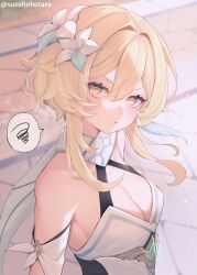 Rule 34 | 1girl, bare shoulders, blonde hair, blurry, blurry background, breasts, cleavage, commentary request, dress, flower, genshin impact, hair between eyes, hair flower, hair ornament, highres, looking at viewer, lumine (genshin impact), medium breasts, sidelocks, solo, suzuho hotaru, twitter username, upper body, white dress, white footwear, yellow eyes