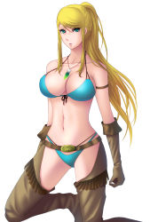Rule 34 | 1girl, armband, bad id, bad pixiv id, belt, bikini, blonde hair, breasts, cleavage, collarbone, cowboy western, elbow gloves, feathers, fringe trim, front-tie top, gloves, green eyes, highres, jewelry, kukua (mosushi), large breasts, long hair, metroid, navel, necklace, nintendo, pendant, ponytail, samus aran, simple background, solo, super smash bros., swimsuit, white background