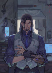 Rule 34 | 1boy, absurdres, arm tattoo, belt, black gloves, black hair, black pants, blue eyes, brown belt, closed mouth, facial hair, gloves, grey vest, hanzo (overwatch), highres, long hair, male focus, necktie, overwatch, overwatch 1, pants, purple shirt, serious, shadowyahaha, shirt, single glove, sleeves rolled up, solo, tattoo, vest