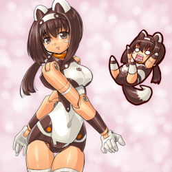Rule 34 | 10s, 1girl, :d, :o, aged up, alternate breast size, animal ears, armband, arms up, bad id, bad pixiv id, bare shoulders, black eyes, black hair, breasts, brown hair, busou shinki, chibi, clothes writing, covered navel, cowboy shot, dd (ijigendd), doll joints, facial mark, flat chest, full body, gloves, hairband, head tilt, hip focus, jewelry, joints, large breasts, legs up, leotard, long hair, low ponytail, multiple views, neck ring, no pupils, o o, open mouth, pomock, ponytail, sharp teeth, smile, tail, teeth, thigh gap, white gloves, white legwear, wristband