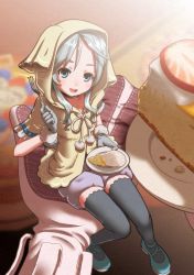 Rule 34 | black legwear, blue eyes, cake, food, fork, gloves, highres, holding, hood, kokoromachi, mini person, minigirl, open mouth, original, plate, puffy shorts, shoes, shorts, silver hair, sitting, size difference, thighhighs