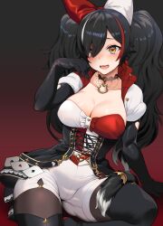 Rule 34 | 1girl, absurdres, black choker, black gloves, black hair, black thighhighs, blush, bow, breasts, brown eyes, card, choker, cleavage, elbow gloves, gloves, hair bow, hair over one eye, highres, hololive, jun tsugumi, large breasts, long hair, looking at viewer, ookami mio, ookami mio (wonderland), open mouth, pantyhose, playing card, puffy short sleeves, puffy sleeves, red hair, short sleeves, simple background, sitting, solo, tail, tail around own leg, thighhighs, twintails, very long hair, virtual youtuber, white hair, wolf girl, wolf tail