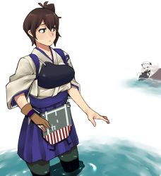 Rule 34 | &gt; &lt;, 2girls, absurdres, abyssal ship, aima imoko0327, black legwear, blue skirt, brown hair, collarbone, colored skin, commentary request, crying, half-closed eyes, hiding, highres, holding, horns, japanese clothes, kaga (kancolle), kantai collection, long hair, looking back, mittens, multiple girls, muneate, northern ocean princess, open mouth, orange eyes, rock, short hair, side ponytail, skirt, sleeves rolled up, smile, spread fingers, tearing up, teeth, thighhighs, wading, white background, white hair, white skin
