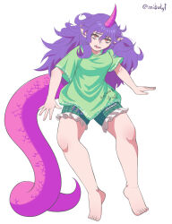 Rule 34 | 1girl, absurdres, bags under eyes, barefoot, english text, eyelashes, fingernails, frilled shorts, frills, full body, green shirt, green shorts, highres, horns, long hair, looking at viewer, messy hair, mibukyt, open mouth, plaid, plaid shorts, pointy ears, purple hair, red eyes, red horns, scales, shirt, short sleeves, shorts, single horn, solo, t-shirt, tail, teeth, tenkajin chiyari, toenails, touhou, twitter username, white background