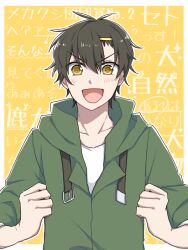 Rule 34 | 1boy, text background, black hair, border, buckle, casual, character name, clenched hands, collarbone, commentary, eyes visible through hair, green hoodie, hair between eyes, hair ornament, hair over eyes, hairclip, hood, hood down, hoodie, kagerou project, kanako-n-03-04, light blush, looking at viewer, male focus, mekakucity actors, open mouth, outline, outside border, seto kousuke, shirt, short hair, sleeves rolled up, solo, straight-on, t-shirt, white border, white outline, white shirt, yellow background, yellow eyes