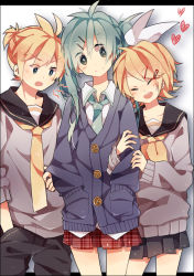 Rule 34 | 1boy, 2girls, holding another&#039;s arm, blonde hair, cardigan, closed eyes, fuuko (2679566944), green eyes, green hair, hair ornament, hair ribbon, hairclip, hands in pockets, hatsune miku, head tilt, highres, kagamine len, kagamine rin, letterboxed, multiple girls, necktie, open mouth, ribbon, sandwiched, school uniform, serafuku, short hair, skirt, smile, sweater, twintails, vocaloid