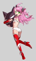 Rule 34 | 1girl, :d, ass, azur lane, back, bare shoulders, gloves, green eyes, high heels, highres, houston (azur lane), long hair, looking at viewer, midriff, open mouth, pink hair, red gloves, red thighhighs, rokkotsu, shorts, smile, solo, teeth, thighhighs, twintails, two side up