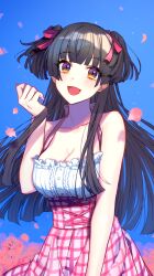 Rule 34 | 1girl, :d, bare shoulders, black hair, blue background, blush, breasts, cleavage, collarbone, commentary, cowboy shot, dot nose, english commentary, flower, gradient background, hair ribbon, highres, idolmaster, idolmaster shiny colors, large breasts, long hair, mayuzumi fuyuko, open mouth, petals, pink ribbon, plaid, plaid skirt, ribbon, rose, rose petals, skirt, smile, yuura