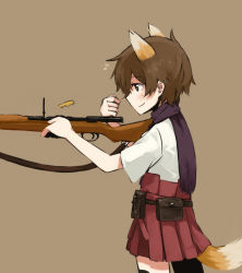 Rule 34 | 1girl, animal ears, arisaka type 38, belt, blush, bolt action, brown eyes, brown hair, casing ejection, chikiso, gun, hakama, hakama short skirt, hakama skirt, japanese clothes, katou keiko, kimono, kimono skirt, miniskirt, musical note, pleated skirt, pouch, red skirt, reloading, scarf, shell casing, short hair, skirt, smile, solo, strike witches, tail, utility belt, weapon, witches of africa, world witches series