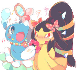 Rule 34 | 2girls, akadako, animal nose, arm up, black hair, black skin, blue eyes, blue skin, blunt bangs, blush, blush stickers, bow, bright pupils, brionne, cheek squash, colored skin, creatures (company), embarrassed, extra mouth, fang, female focus, flat chest, game freak, gen 3 pokemon, gen 7 pokemon, hair bow, hand mirror, hand up, hands on own cheeks, hands on own face, hands up, happy, heart, holding, holding mirror, jewelry, looking at another, mawile, mirror, multicolored skin, multiple girls, musical note, necklace, nintendo, nose blush, one-hour drawing challenge, one eye closed, open mouth, pokemon, pokemon (creature), polka dot, polka dot bow, red bow, red eyes, red scrunchie, ribbon, scrunchie, sharp teeth, shell, shell necklace, simple background, smile, snout, squiggle, standing, star (symbol), sticker, teeth, two-tone skin, wavy mouth, white background, white pupils, wink, yellow ribbon, yellow skin