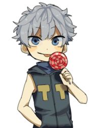 Rule 34 | 1boy, at2., blue eyes, candy, food, hood, hoodie, hunter x hunter, killua zoldyck, lollipop, looking at viewer, male focus, short hair, silver hair, solo, tongue, tongue out, transparent background