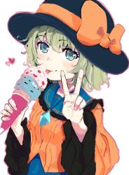 Rule 34 | 1girl, :p, aqua eyes, black hat, blouse, blue skirt, blush, bow, breasts, brooch, commentary request, fingernails, food, frilled shirt collar, frills, green hair, hair between eyes, hat, hat bow, heart, highres, holding, holding food, ice cream, jewelry, komeiji koishi, licking, looking at viewer, orange bow, orange shirt, shirt, short hair, simple background, skirt, small breasts, solo, tongue, tongue out, touhou, upper body, v, white background, wide sleeves, yuma (user zuft7485)