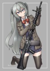 Rule 34 | 1girl, absurdres, black gloves, black ribbon, black thighhighs, blue eyes, blue skirt, blue vest, blush, bow, closed mouth, collared shirt, commentary, full body, gloves, grey background, grey jacket, gun, hair between eyes, hair ribbon, highres, holding, holding gun, holding weapon, jacket, leaning forward, long sleeves, looking at viewer, no shoes, open clothes, open jacket, original, paravene, pleated skirt, red bow, ribbon, school uniform, shirt, sig sg510, signature, skirt, sleeves past wrists, smile, solo, sweater vest, thighhighs, vest, weapon, white shirt