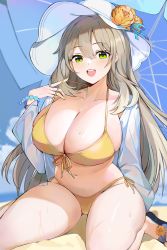 Rule 34 | 1girl, :d, absurdres, beach umbrella, bikini, blue archive, blue sky, breasts, cleavage, cloud, day, flip-flops, front-tie top, green eyes, hat, highres, jintianhuahualema, large breasts, light brown hair, looking at viewer, nonomi (blue archive), nonomi (swimsuit) (blue archive), open mouth, outdoors, sandals, side-tie bikini bottom, sitting, sky, smile, solo, strap pull, string bikini, sun hat, swimsuit, teeth, thighs, umbrella, upper teeth only, wet, white hat, yellow bikini