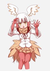 Rule 34 | 1girl, absurdres, bird girl, bird tail, bird wings, blush, bow, bowtie, cowboy shot, elbow gloves, fur collar, gloves, head wings, highres, japanese crested ibis (kemono friends), kemono friends, long hair, long sleeves, multicolored hair, pantyhose, pleated skirt, red fur, red gloves, red hair, red pantyhose, red skirt, shirt, sidelocks, skirt, solo, tail, waburabu, white hair, white shirt, wings, yellow eyes