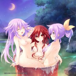 Rule 34 | 10s, 3girls, :d, ^ ^, adult neptune, aerakin, alternate hairstyle, arm support, bath, bathing, blush, breasts, closed eyes, collarbone, company name, drum (container), female focus, game cg, hair censor, hair ribbon, highres, lake, long hair, moon, multiple girls, navel, nepgear, neptune (neptunia), neptune (series), night, nipples, nude, nude filter, nudist, open mouth, orange hair, outdoors, partially submerged, ponytail, purple eyes, purple hair, red eyes, red hair, ribbon, rock, same-sex bathing, shared bathing, sitting, small breasts, smile, star (sky), star (symbol), tennouboshi uzume, third-party edit, tree, tsunako, twintails, very long hair, water, wet, zenra